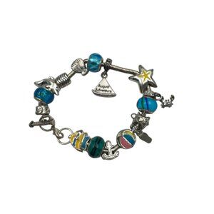 August Adventure Themed Charm Bracelet 7" With Beach & Nautical Charms Silver-Pl